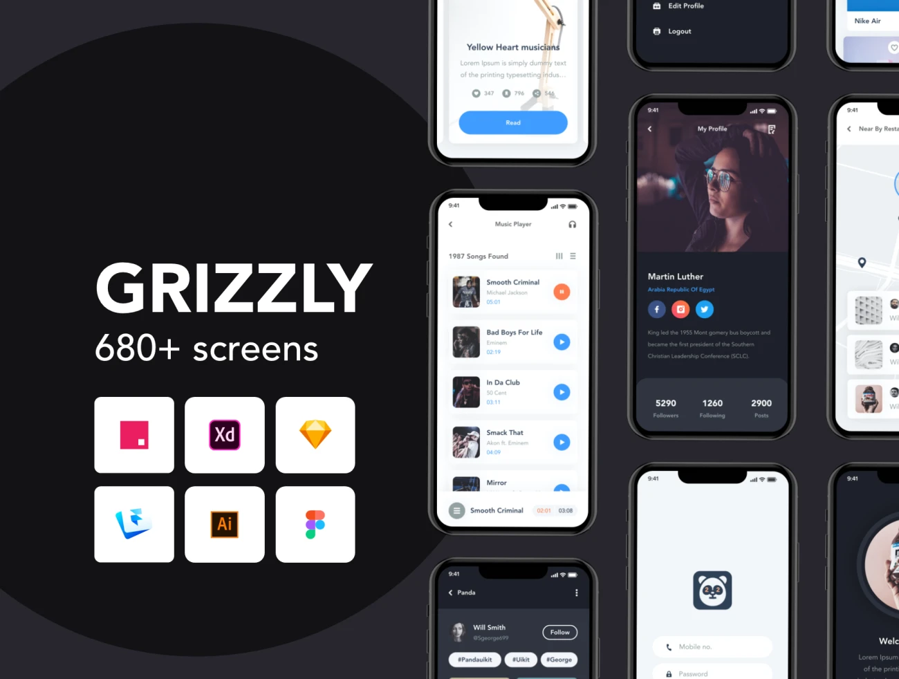 Grizzly Mobile App Ui KIt 680屏17大类通用app应用Ui设计套件模板-UI/UX-到位啦UI