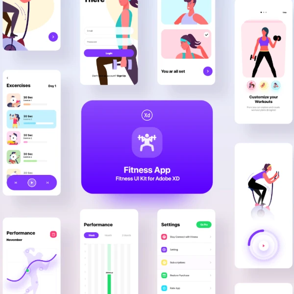 Fitness App Ui 运动健身app应用界面设计套件和矢量运动人物插画