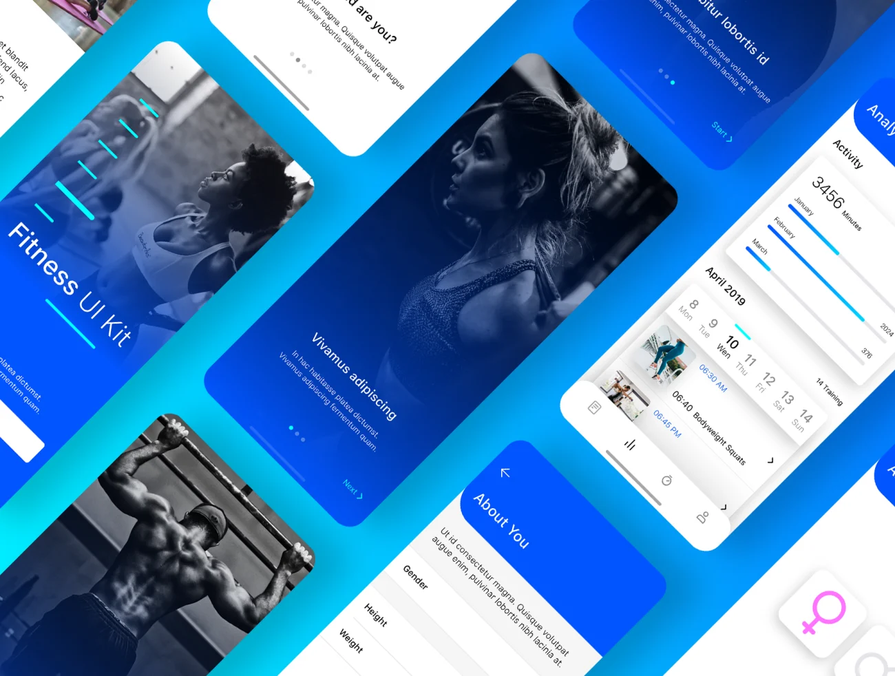 Scaldris Fitness App 30屏蓝色全套健身手机应用设计套件-UI/UX-到位啦UI