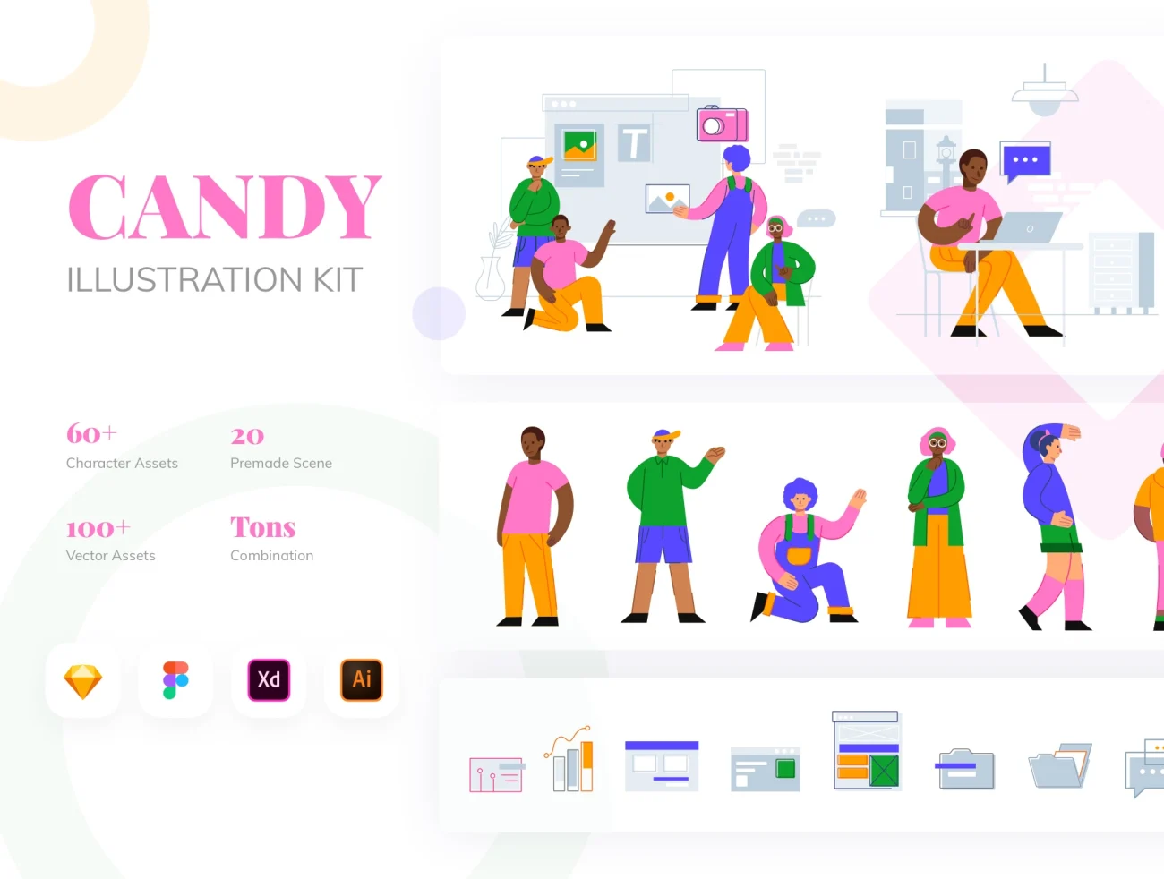 Candy Illustration Kit 60多款糖果风格人物插画套件-人物插画、场景插画、学习生活、插画-到位啦UI