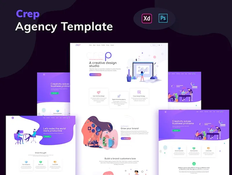 Crep Agency Template XD 公司机构登陆落地页紫色模板 XD-专题页面-到位啦UI