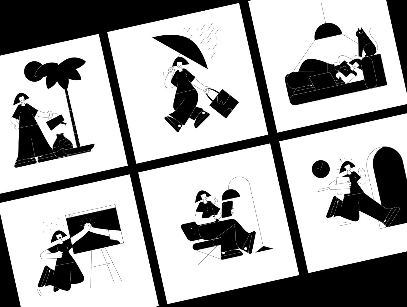 Lubo 25款高质量矢量实心抽象人物阅读社交休息淋雨骑车爬山遛鸟新邮件插图合集-人物插画、场景插画、学习生活、插画、插画风格、概念创意、社交购物、线条手绘、趣味漫画-到位啦UI
