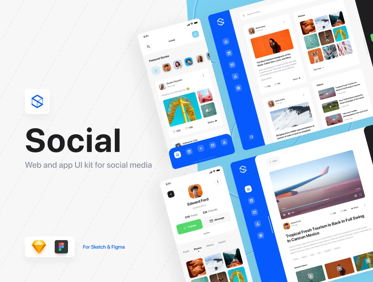Social Dashboards UI Kit Sketch 社交仪表板UI套件sketch-UI/UX、ui套件、博客、卡片式、图表、应用、数据可视化-仪表板、海报、社交、网站、表单-到位啦UI