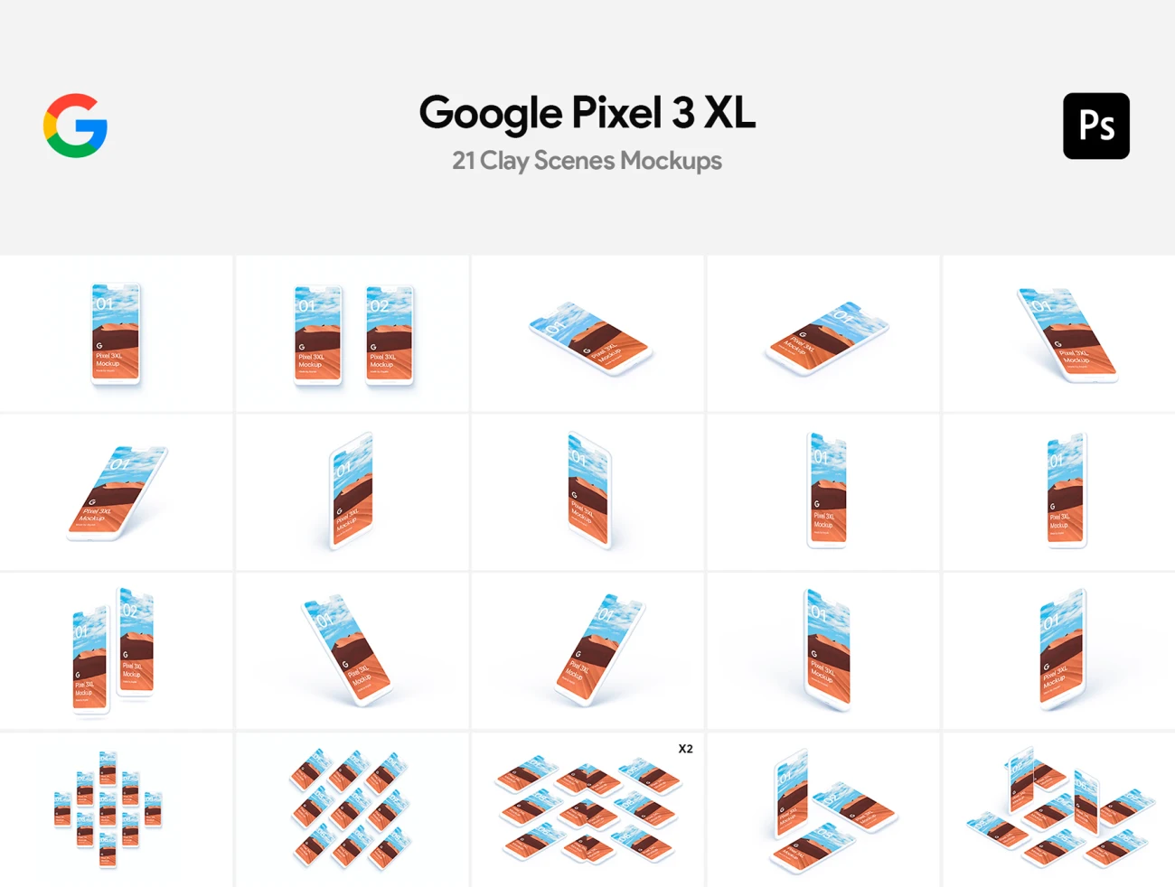 21 Google Pixel 3 XL Clay Mockups(part2) 21款谷歌pixel 3 XL纯色智能样机模型-第2部分-手机模型、样机、简约样机-到位啦UI