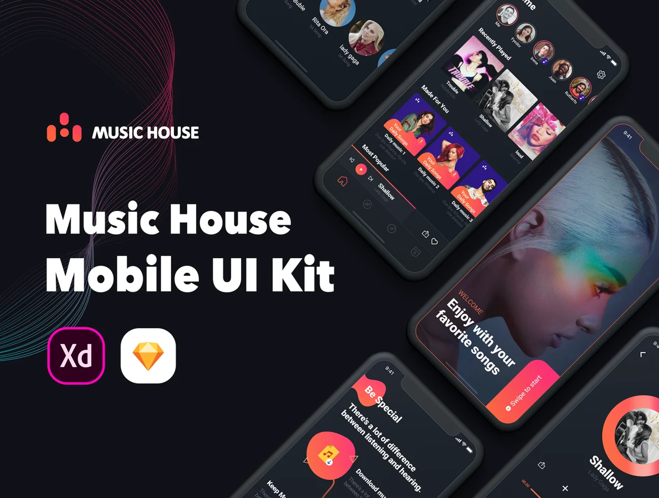 Music House Mobile UI Kit 音乐之家移动用户界面套件-UI/UX、ui套件、应用、引导页、播放器、登录页、着陆页-到位啦UI