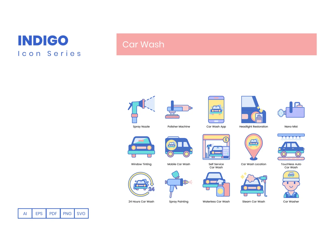 70 Car Wash Icons Indigo Series 70款汽车清洗图标-3D/图标-到位啦UI