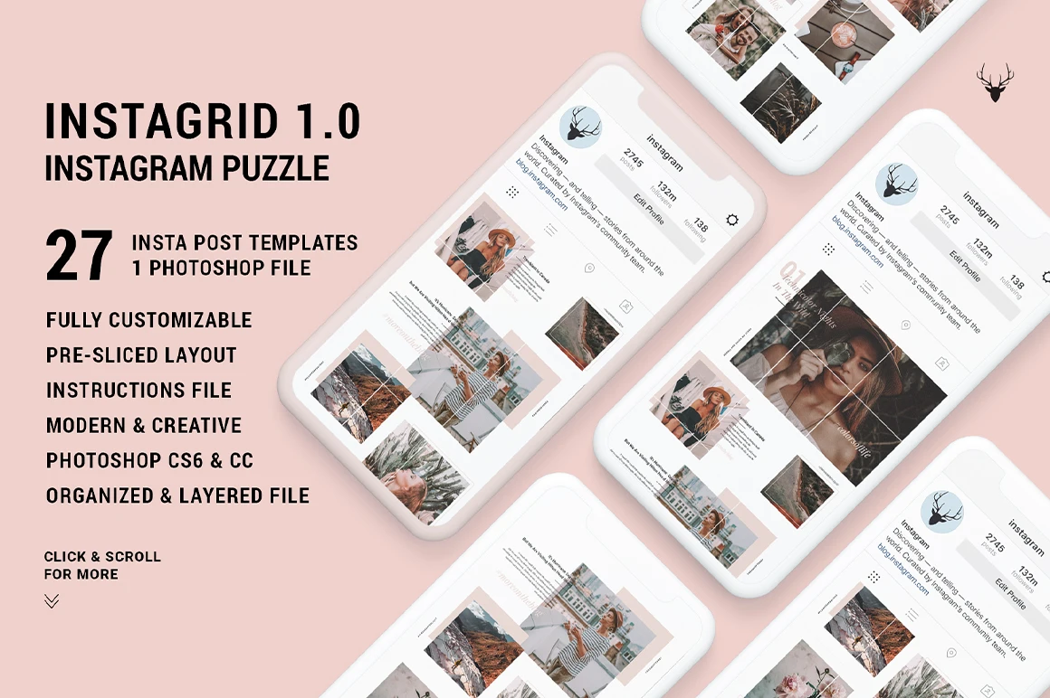 InstaGrid 1.0 - Instagram Puzzle Template 27款ins拼图可定制模板预切模版-专题页面、人物模特-到位啦UI
