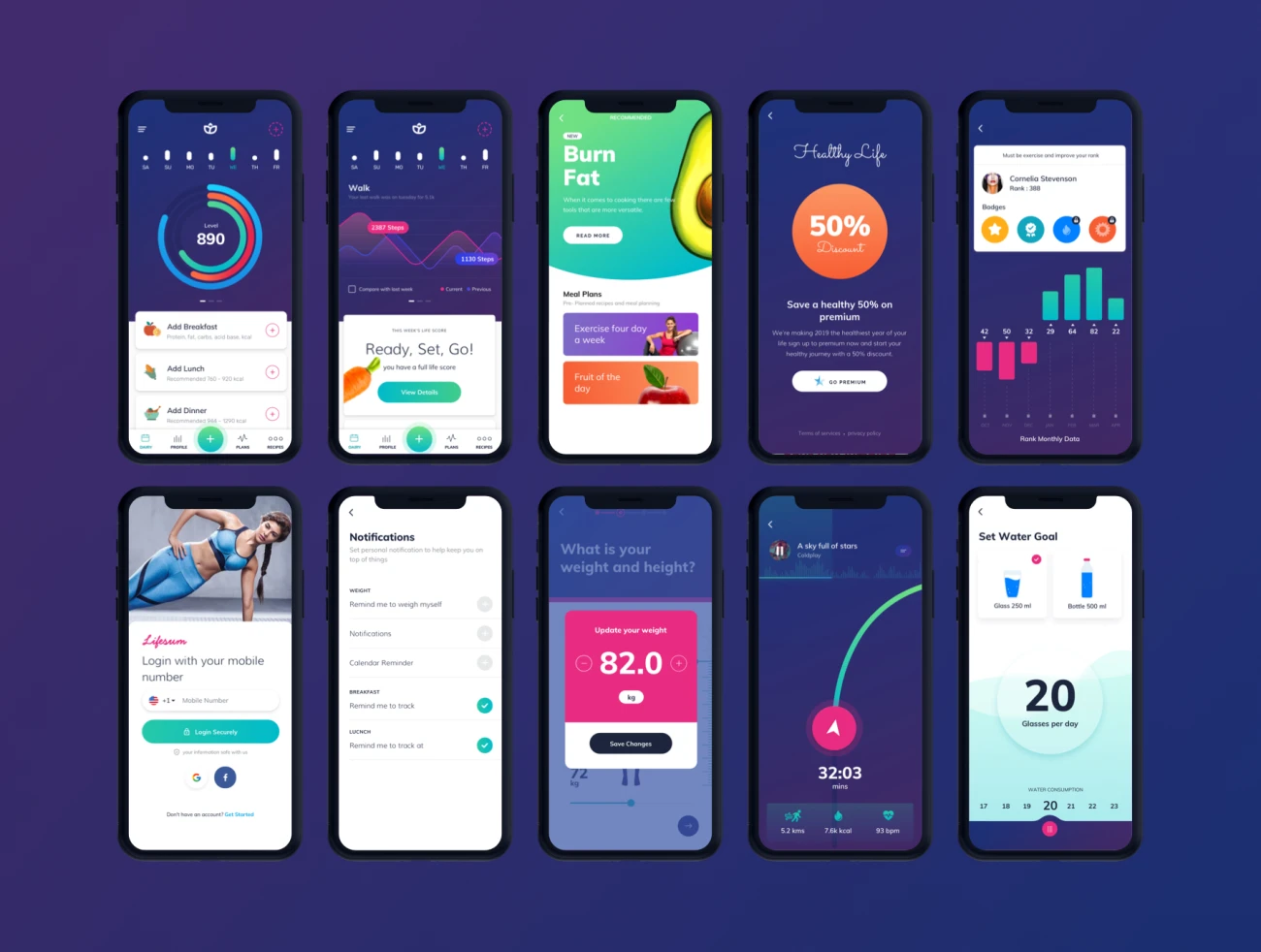 Lifesum Health and Fitness Mobile App - UI kit 运动跑步健康健身移动app应用-UI套件-UI/UX-到位啦UI