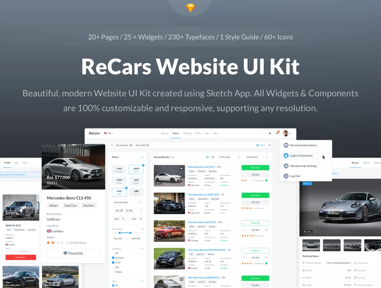 ReCars Website UI Kit 汽车销售展示完整网站PC无线UI设计套件-UI/UX-到位啦UI