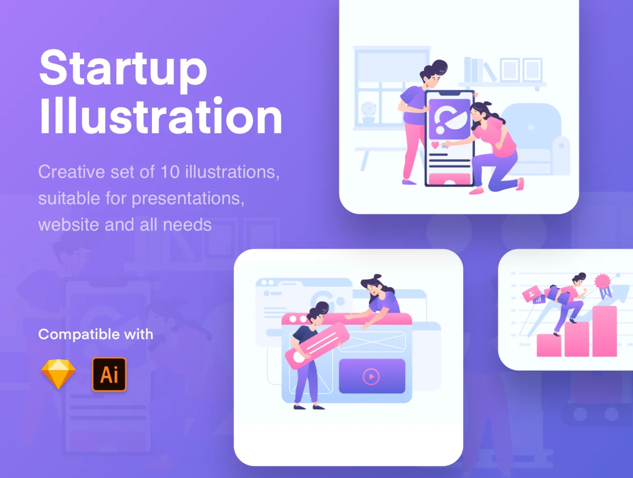 Start Up Illustration Kit 易用可定制多格式启动插图套件-人物插画、场景插画、学习生活、插画、插画风格、概念创意、线条手绘、趣味漫画-到位啦UI