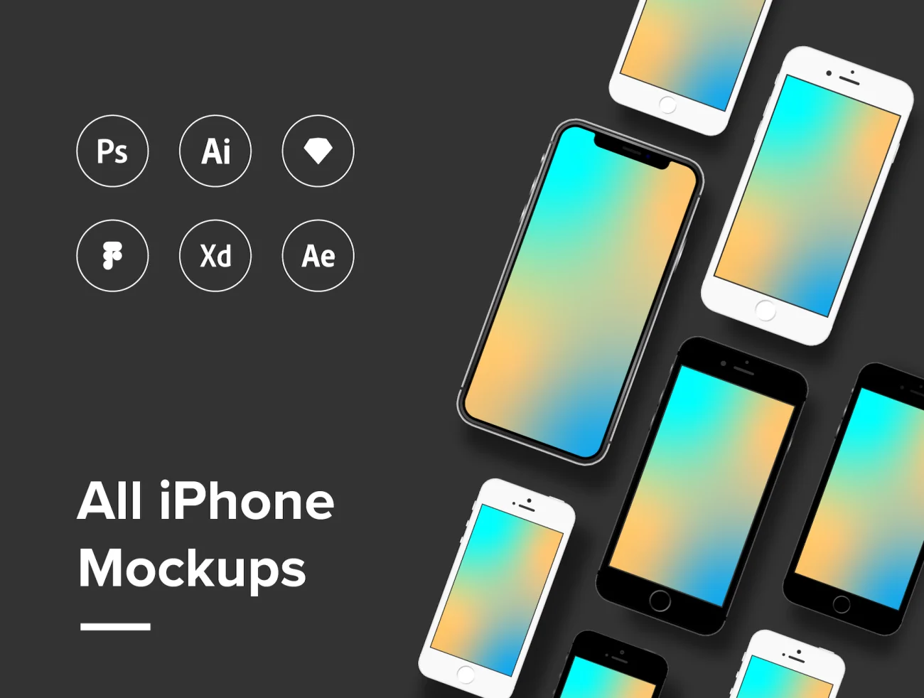 All iPhone Mockup 所有苹果手机智能样机-产品展示、实景样机、手机模型、样机、简约样机、苹果设备-到位啦UI
