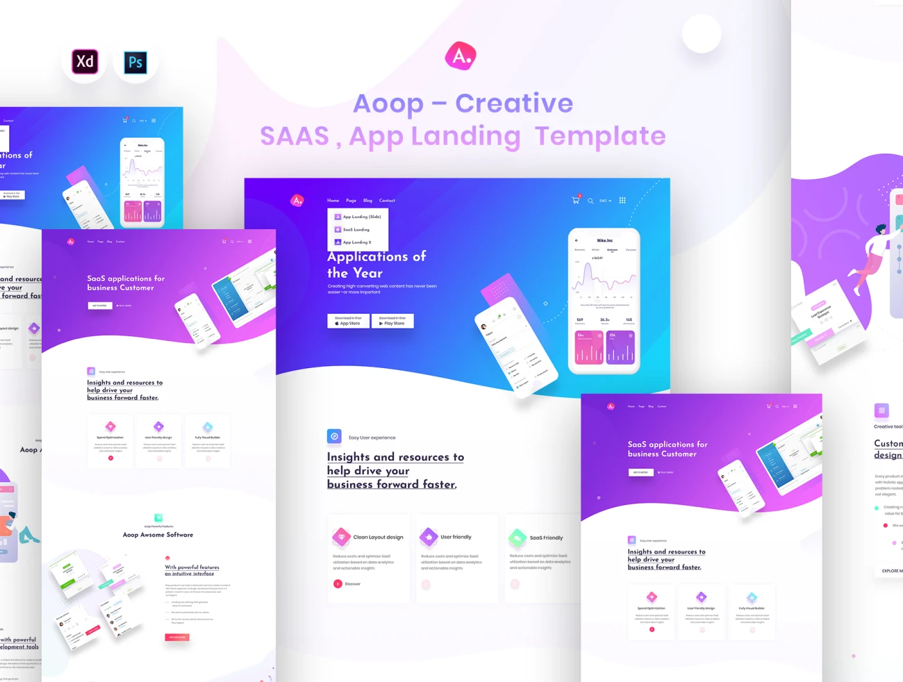 Aoop - SaaS & App Landing Template(psd) app着陆页模板psd-专题页面-到位啦UI
