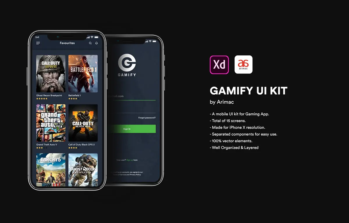 GAMIFY Free Adobe XD UI kit 游戏商店应用界面设计套件-UI/UX-到位啦UI