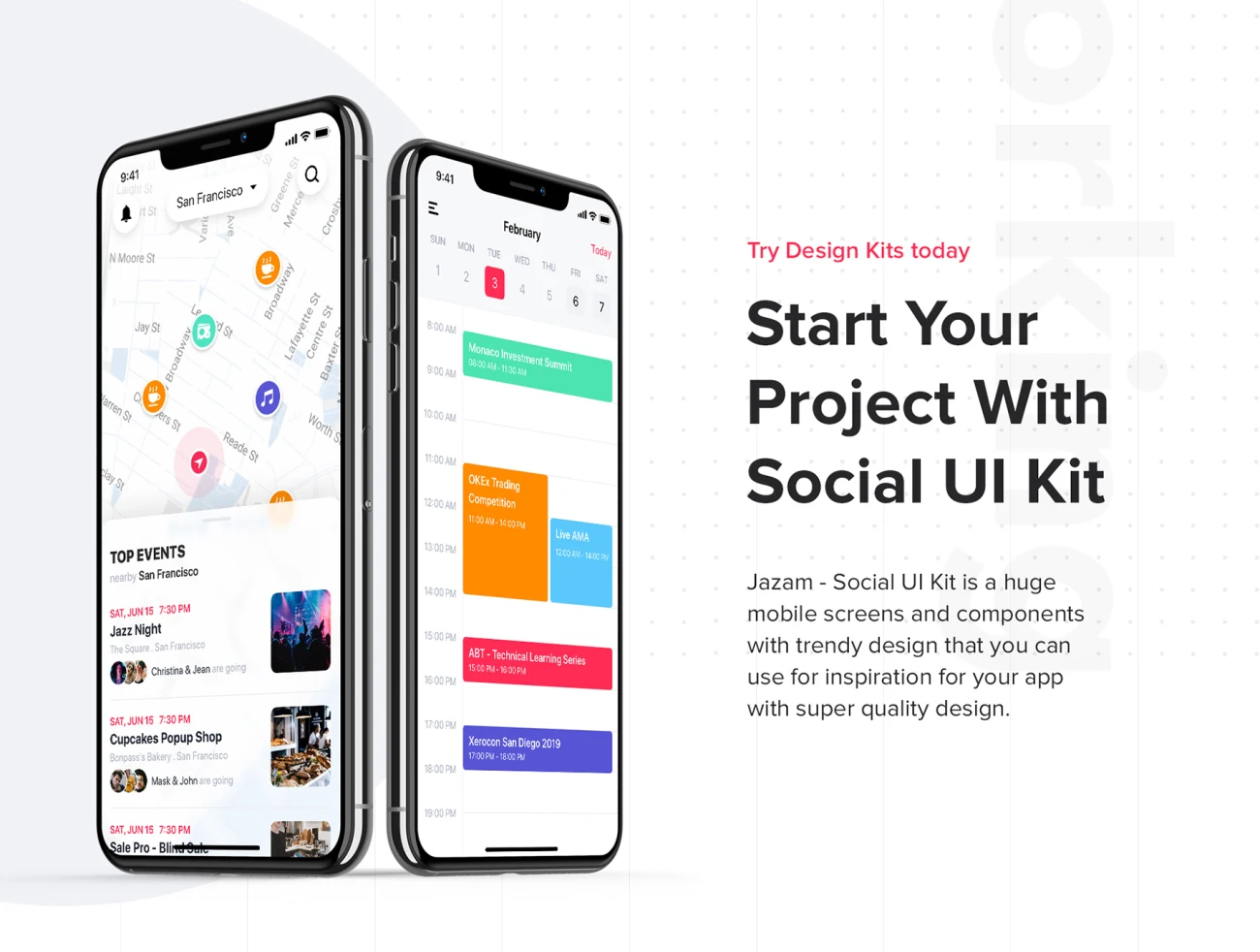 Jazam - Social mobile app UI Kit 社交应用功能模块化高效搭建UI套件-UI/UX、ui套件、主页、列表、卡片式、图表、应用、日历、社交、聊天、表单、详情-到位啦UI
