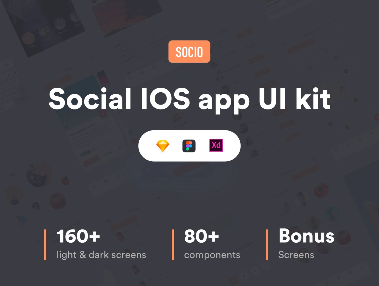 Socio IOS app ui kit(dark) 社交应用ui套件深色-UI/UX-到位啦UI