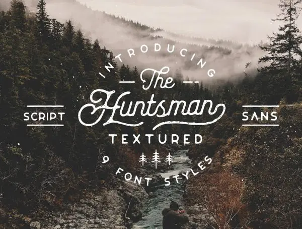The Huntsman Textured Script and Sans family of 9 fonts 标签包装设计T恤字体服装品牌标志复古设计-字体-到位啦UI