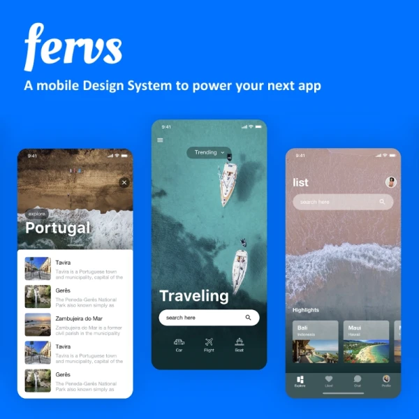 Fervs Design System 100+模板250功能模块3色调旅行应用设计系统