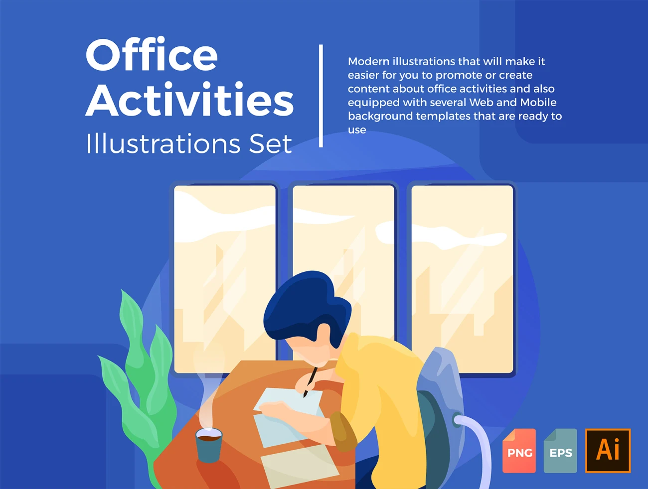 Office Activities Illustration Set 5款办公场景插画合集-商业金融、场景插画、插画、数据演示、概念创意、电子商务、社交购物、科技智能、线条手绘、职场办公、趣味漫画-到位啦UI
