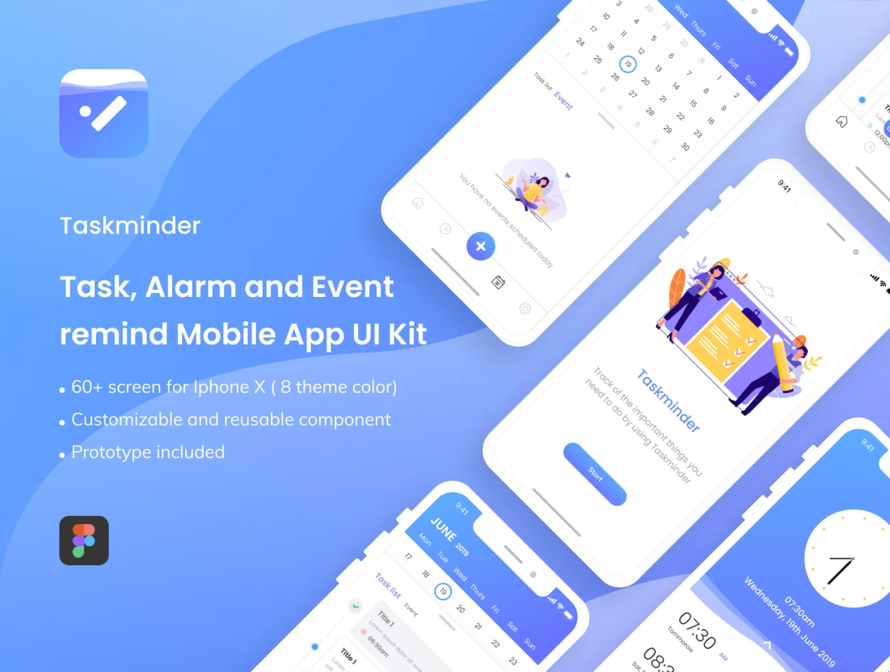 Taskminder - Task, Alarm and Event remind Mobile App UI Kit 笔记任务活动和事件提醒手机端app应用UI套件-UI/UX-到位啦UI