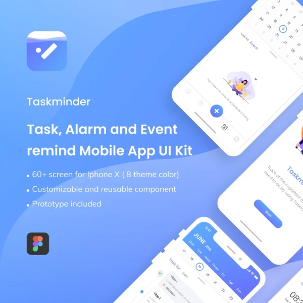 Taskminder - Task, Alarm and Event remind Mobile App UI Kit 笔记任务活动和事件提醒手机端app应用UI套件