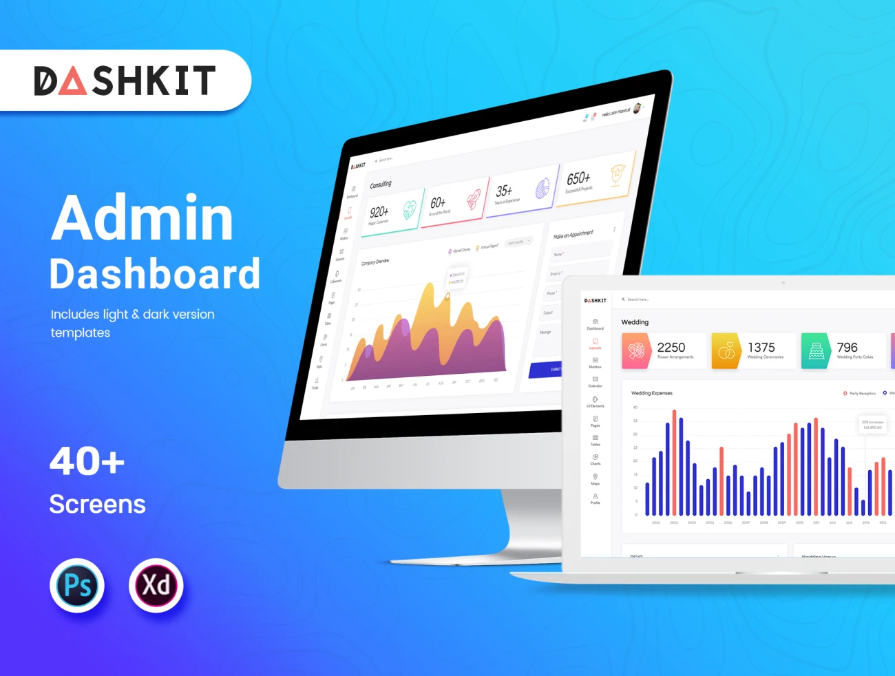 Dashkit Admin Dashboard UI Kit 后台管理仪表板UI套件黑白两色版本-UI/UX、ui套件、主页、列表、卡片式、图表、应用、数据可视化-仪表板、海报、网站、表单-到位啦UI