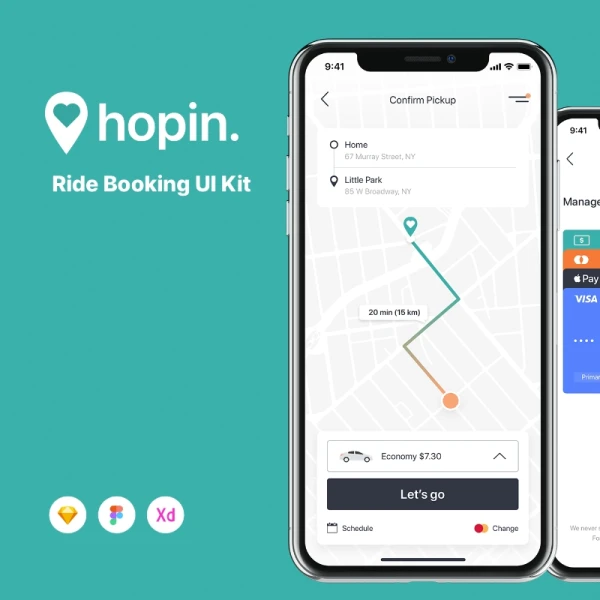 Hopin Ride Booking UI Kit 旅行骑行线路预订服务应用用户界面套件