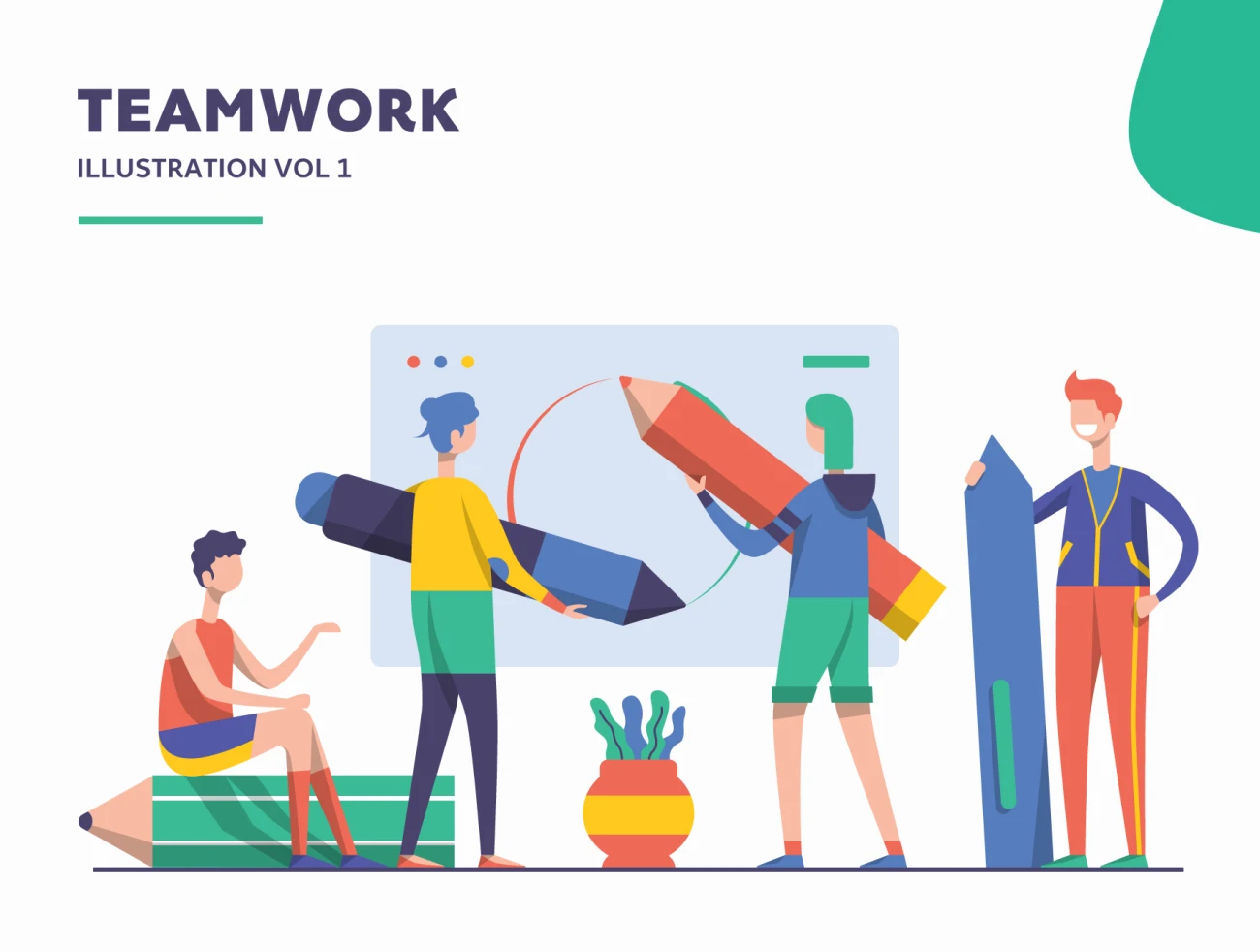 Illustration Startup Teamwork Pack Vol 1 团队合作矢量插画包合集-人物插画、商业金融、场景插画、学习生活、插画、教育医疗、社交购物、线条手绘、职场办公、营销创业、趣味漫画-到位啦UI