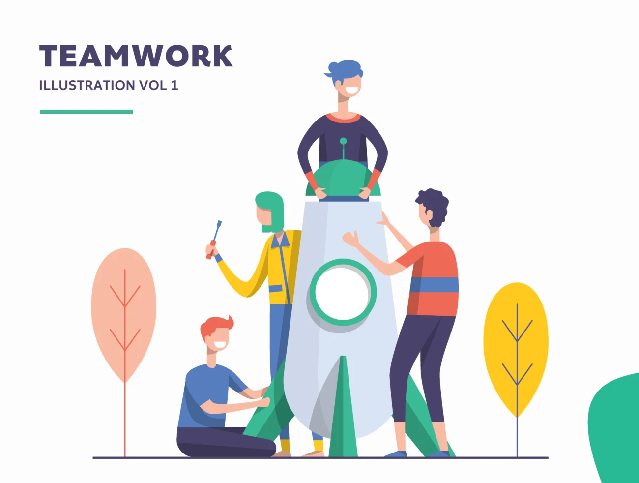 Illustration Startup Teamwork Pack Vol 1 团队合作矢量插画包合集-人物插画、商业金融、场景插画、学习生活、插画、教育医疗、社交购物、线条手绘、职场办公、营销创业、趣味漫画-到位啦UI