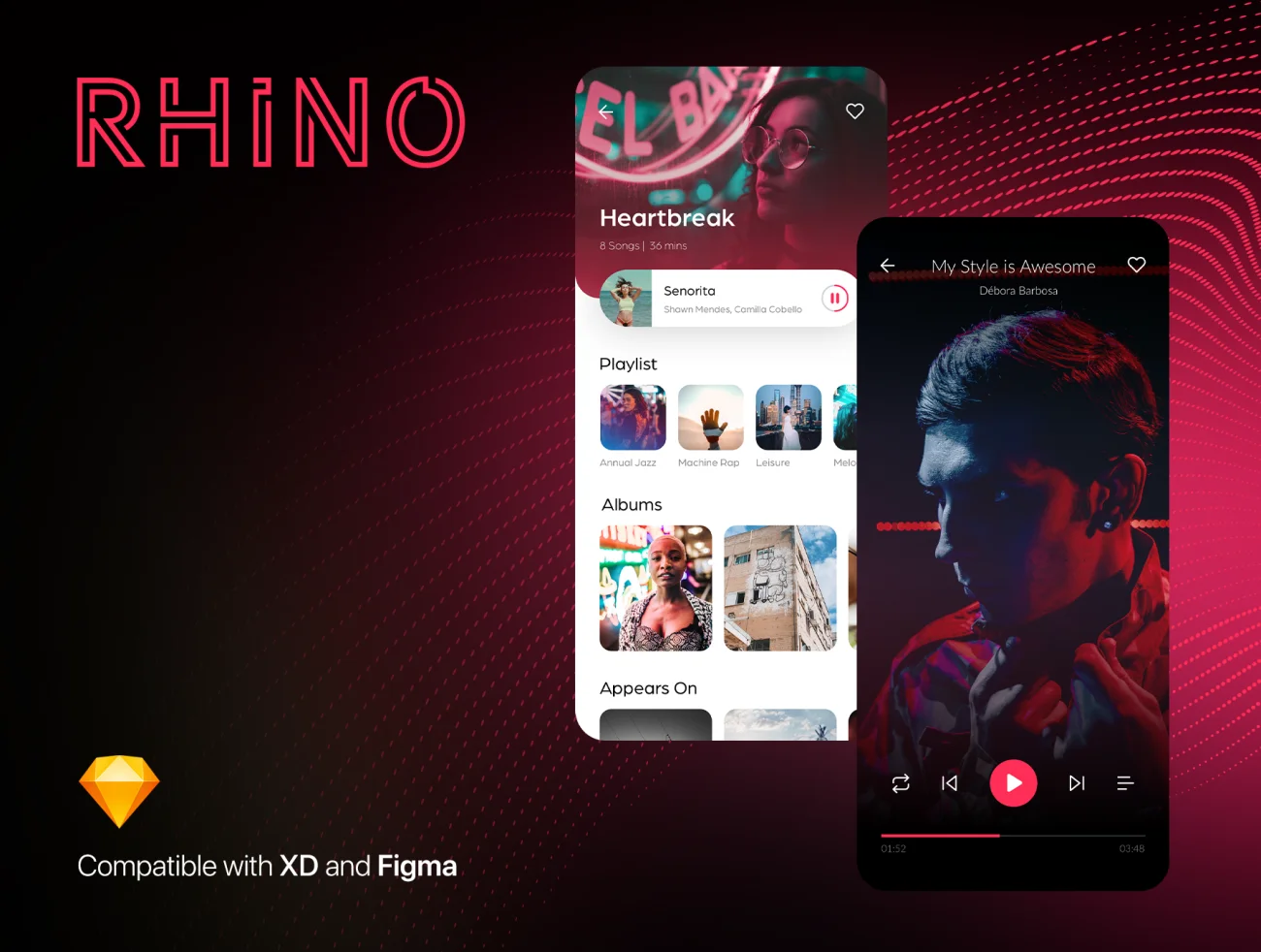 Rhino UI Kit 音乐手机应用设计套件-UI/UX、ui套件、应用、播放器-到位啦UI