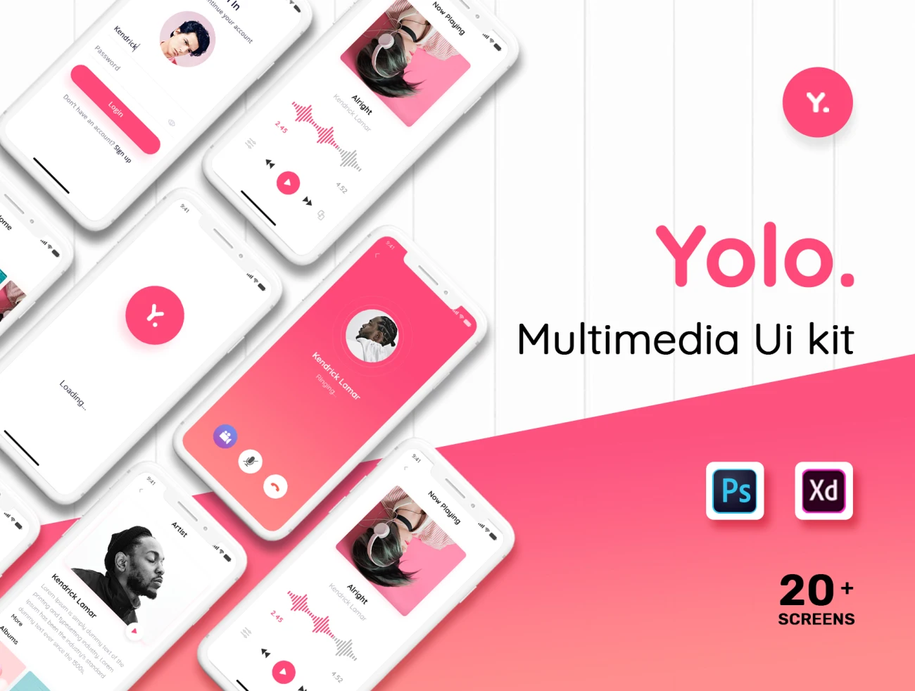 Yolo Multimedia Mobile App UI Kit 20屏多媒体音乐视频应用用户界面设计套件-UI/UX、ui套件、应用、播放器-到位啦UI