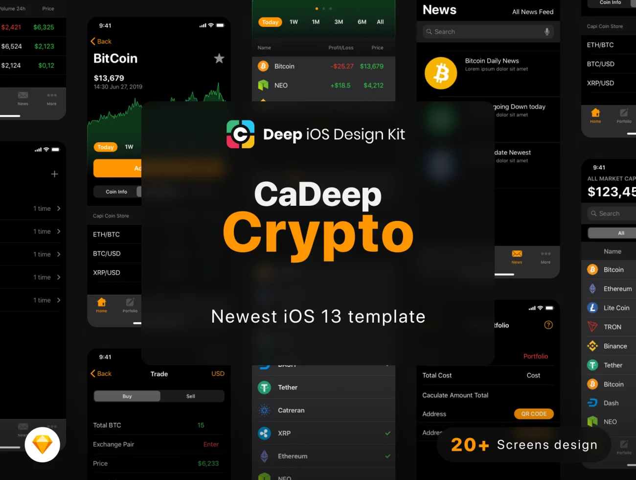 Cadeep Crypto App UI Kit design for sketch 虚拟数字货币深色应用用户界面设计-UI/UX、ui套件、列表、图表、应用、支付、数据可视化-仪表板、注册、电子钱包、登录页、着陆页、网站、表单、详情-到位啦UI