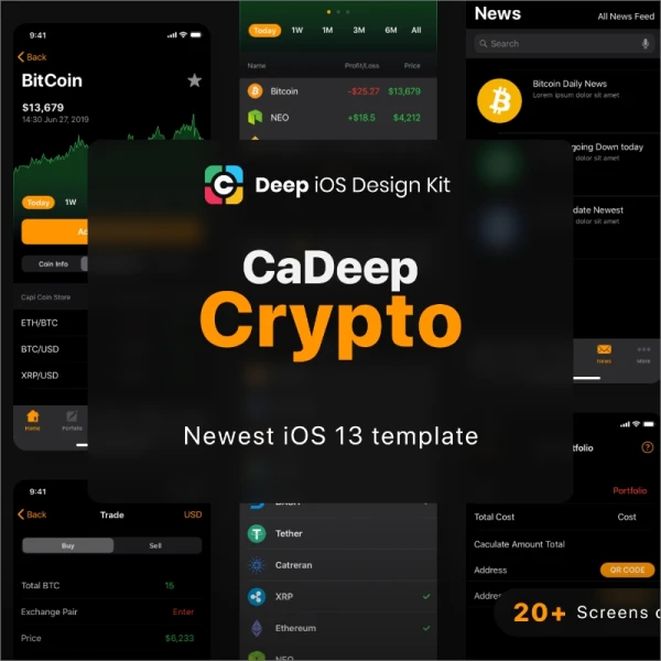 Cadeep Crypto App UI Kit design for sketch 虚拟数字货币深色应用用户界面设计
