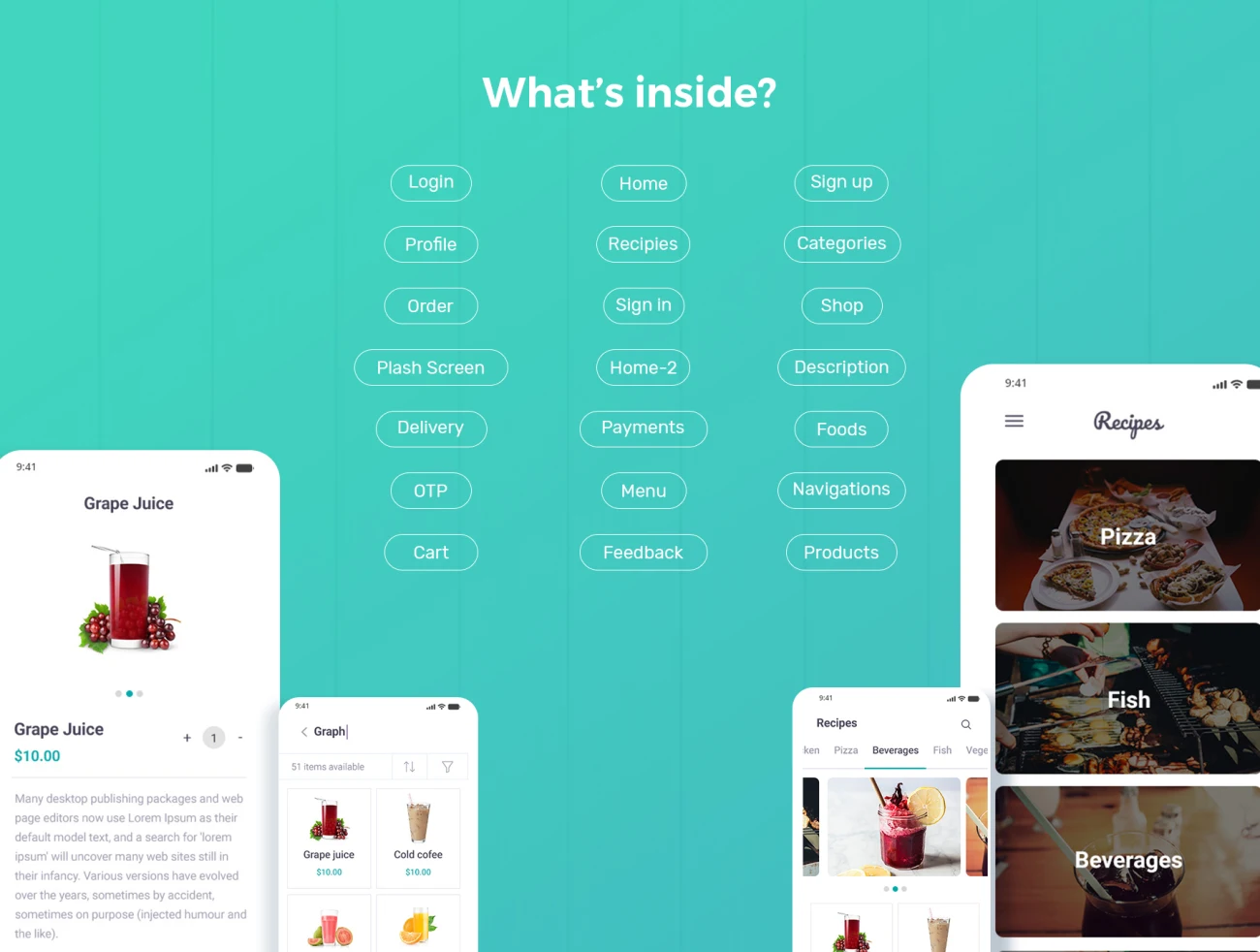 Food Recipe Mobile App UI Kit 食品配方移动app应用UI套件-UI/UX、ui套件、主页、介绍、付款、列表、卡片式、应用、引导页、支付、注册、登录页、着陆页、网站、网购、详情-到位啦UI