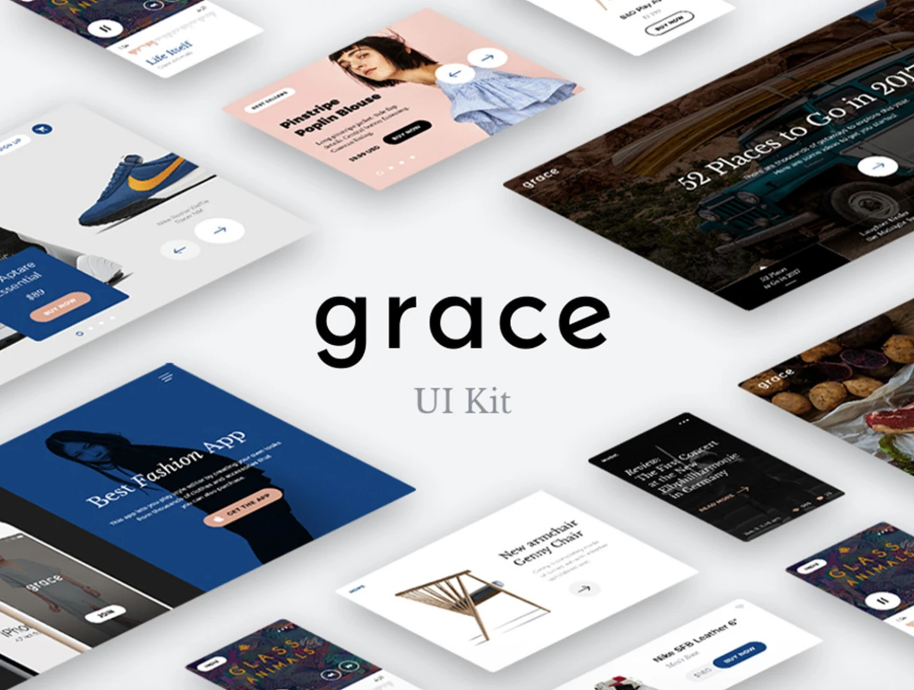 Grace UI Kit 时尚电商应用套件-ui套件、主页、介绍、付款、列表、卡片式、字体、应用、引导页、播放器、支付、注册、登录页、着陆页、网站、网购-到位啦UI