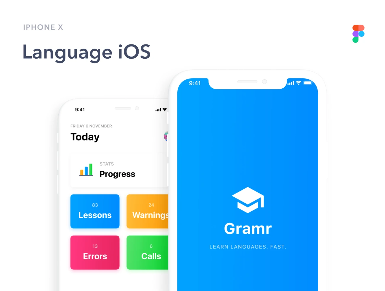 Language App iOS gramr语言学习应用设计套件-UI/UX、ui套件、主页、介绍、列表、卡片式、应用、引导页、数据可视化-仪表板、日历、注册、登录页、着陆页、社交、网站、聊天、表单-到位啦UI