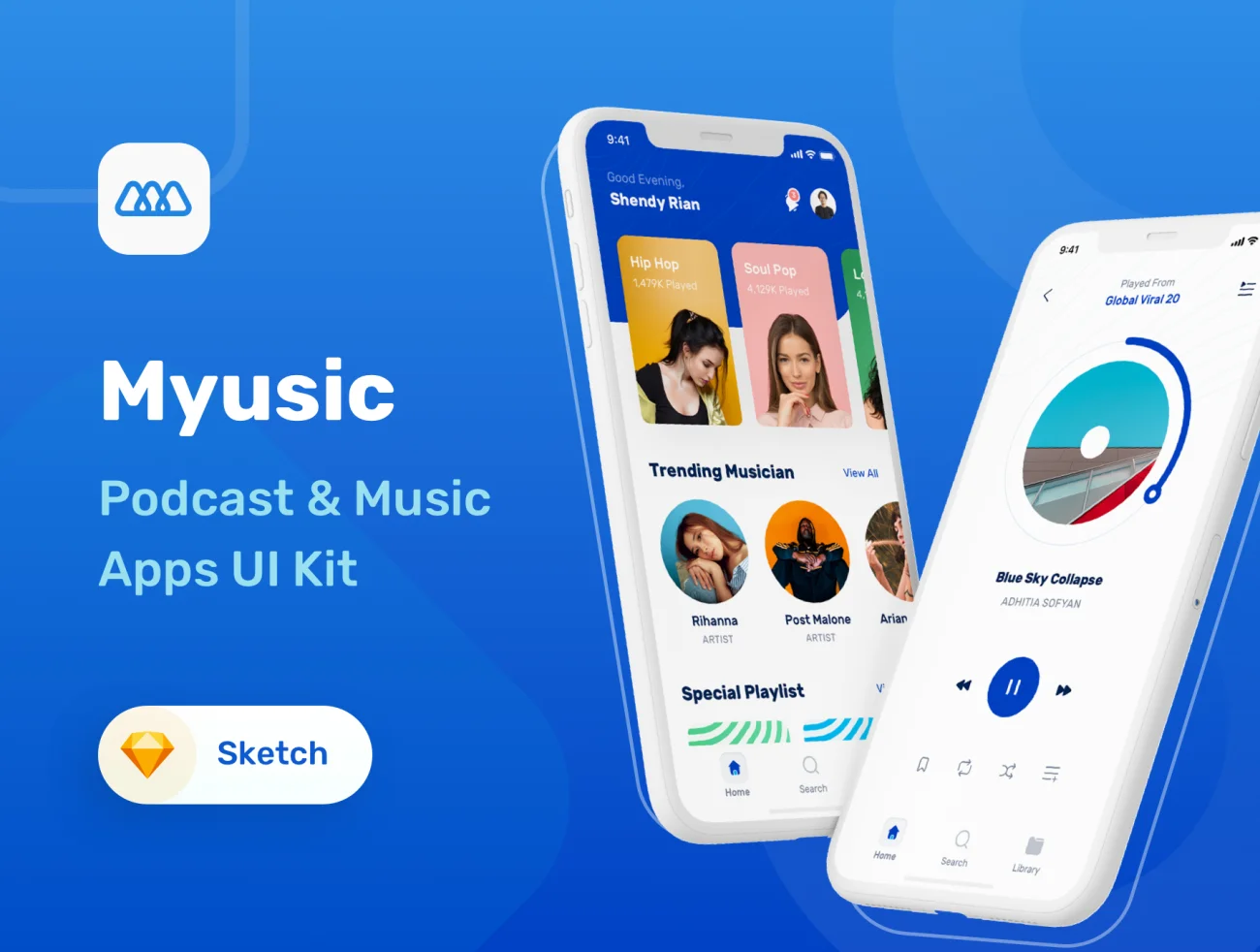 Myusic Music Podcast UI Kit Myusic音乐播客用户界面套件-ui套件、主页、介绍、列表、卡片式、引导页、播放器、日历、表单、详情-到位啦UI