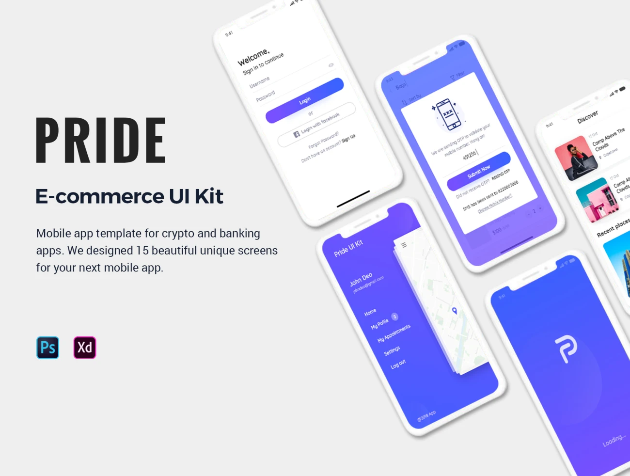 Pride E Commerce App Mobile UI Kit 电子商务app应用移动用户界面套件-UI/UX、ui套件、主页、介绍、付款、博客、卡片式、应用、支付、登录页、着陆页、社交、网站、网购、预订-到位啦UI