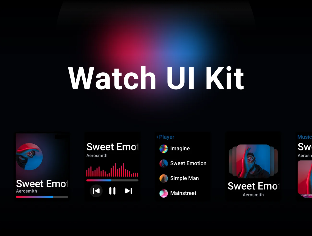 Watch UI Kit 深色手表应用UI套件-UI/UX、ui套件、主页、介绍、列表、卡片式、应用、引导页、播放器、数据可视化-仪表板、社交、聊天、表单-到位啦UI