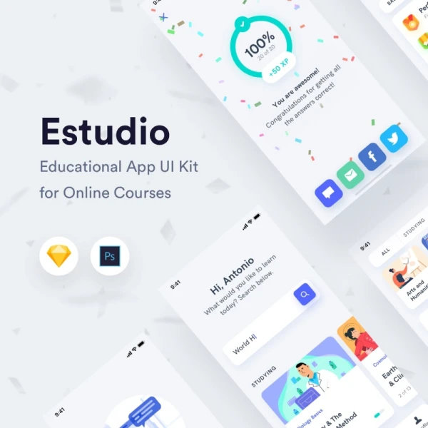 Estudio Mobile App UI Kit 在线教育网络学习应用UI套件设计模板