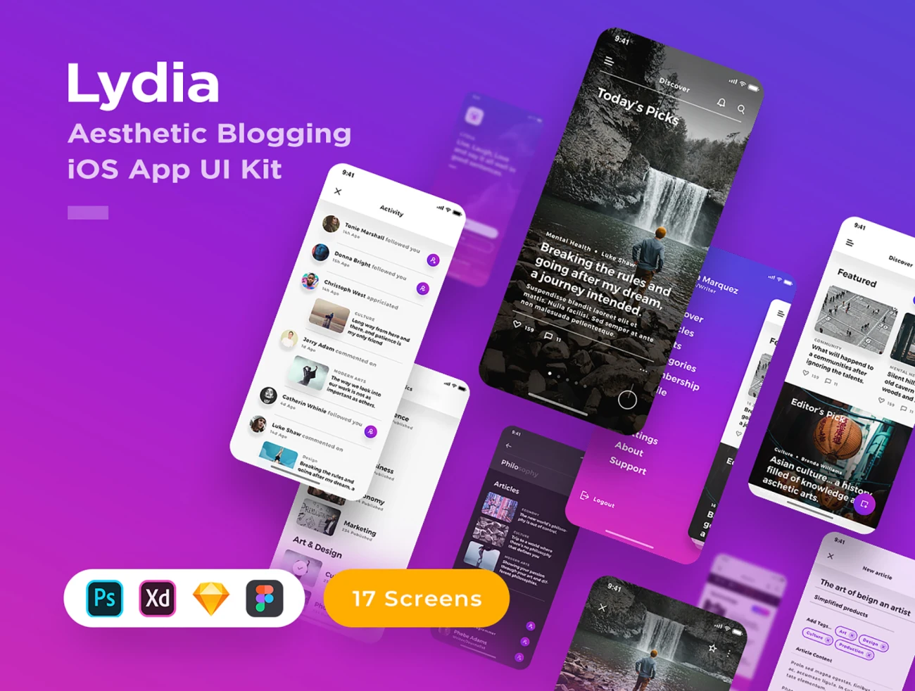 Lydia Blogging iOS App UI Kit 17屏幕博客应用UI设计套件-UI/UX-到位啦UI