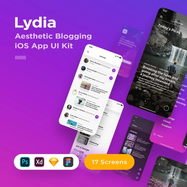 Lydia Blogging iOS App UI Kit 17屏幕博客应用UI设计套件
