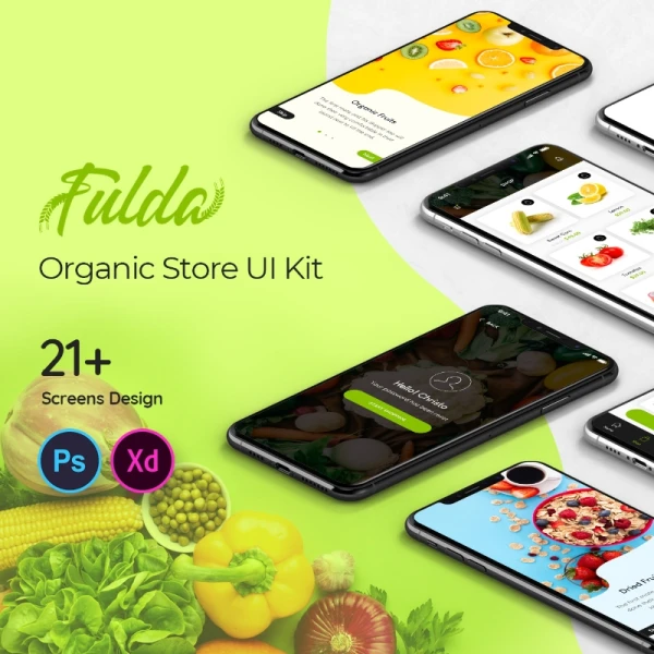 Fluda App Ui Kit PSD 21屏有机蔬菜水果在线商店手机应用Ui设计套件PSD