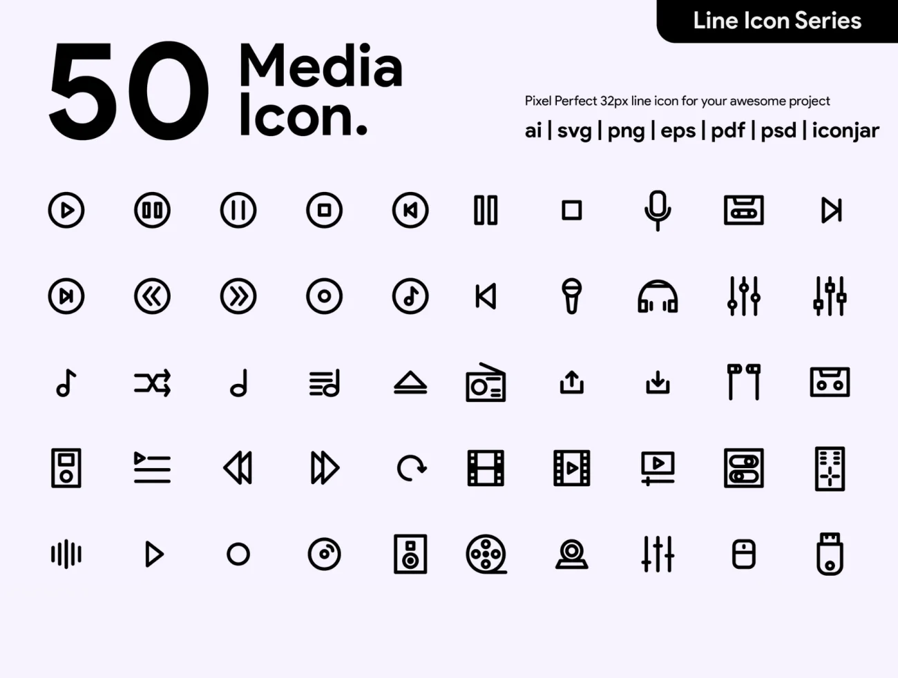 50 Multimedia Line Icon 50多媒体线条单色图标-3D/图标-到位啦UI