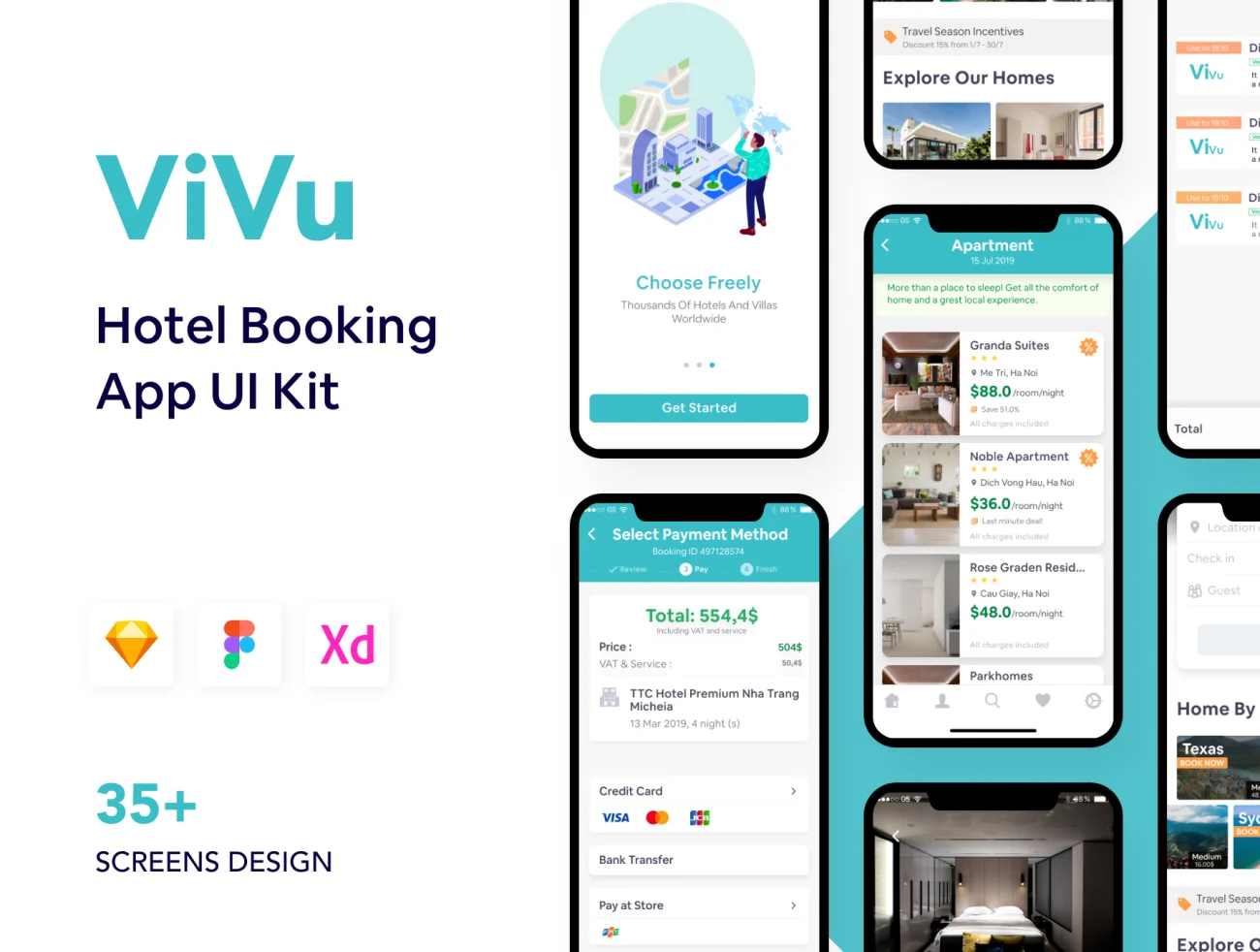 ViVu Hotel Booking App UI Kit 酒店预订app应用UI套件-UI/UX、ui套件、主页、介绍、付款、出行、列表、卡片式、地图、应用、引导页、支付、日历、注册、登录页、着陆页、网购、聊天、表单、详情、预订-到位啦UI
