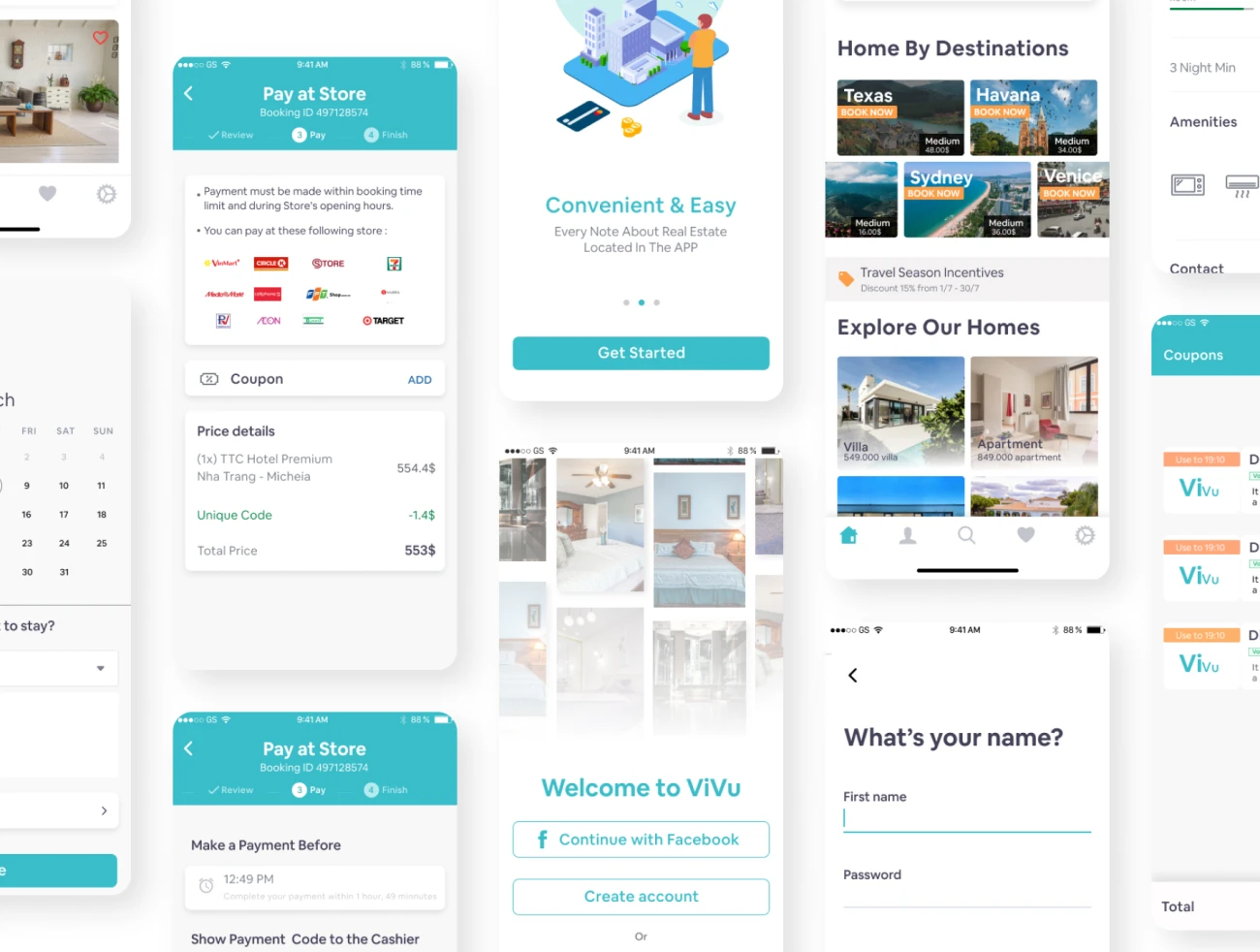 ViVu Hotel Booking App UI Kit 酒店预订app应用UI套件-UI/UX、ui套件、主页、介绍、付款、出行、列表、卡片式、地图、应用、引导页、支付、日历、注册、登录页、着陆页、网购、聊天、表单、详情、预订-到位啦UI
