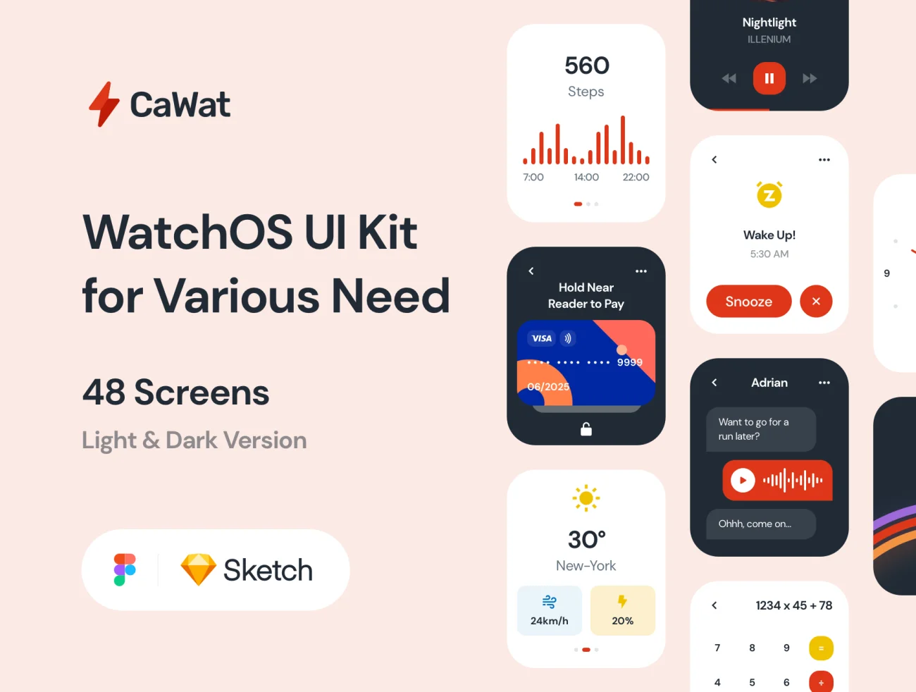 CaWat WatchOS UI Kit 48屏满足各种需求苹果手表界面设计套件-UI/UX-到位啦UI