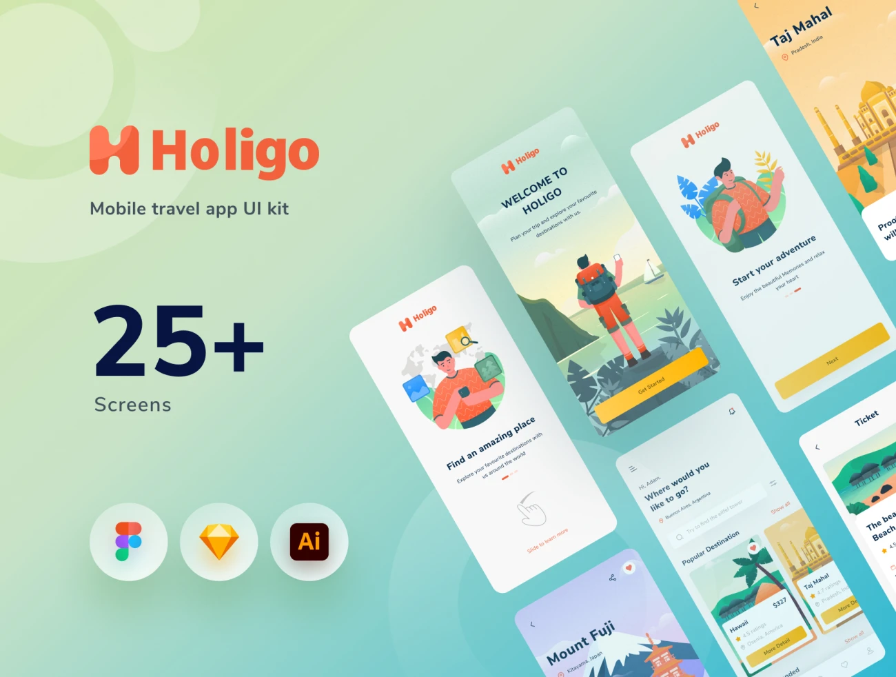 Holigo Mobile Ui Kits 25屏旅行旅游手机Ui套件+插图-UI/UX、人物插画、出行、卡片式、应用、引导页、插画、日历、注册、社交、运动健身-到位啦UI