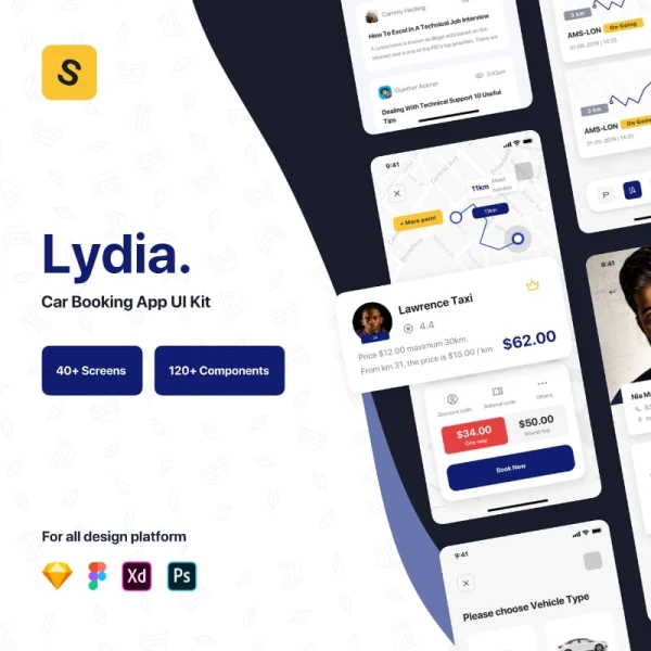 Lydia - Car Booking & Sharing Mobile App UI Kit 40屏租车和共享汽车手机应用程序UI设计套件