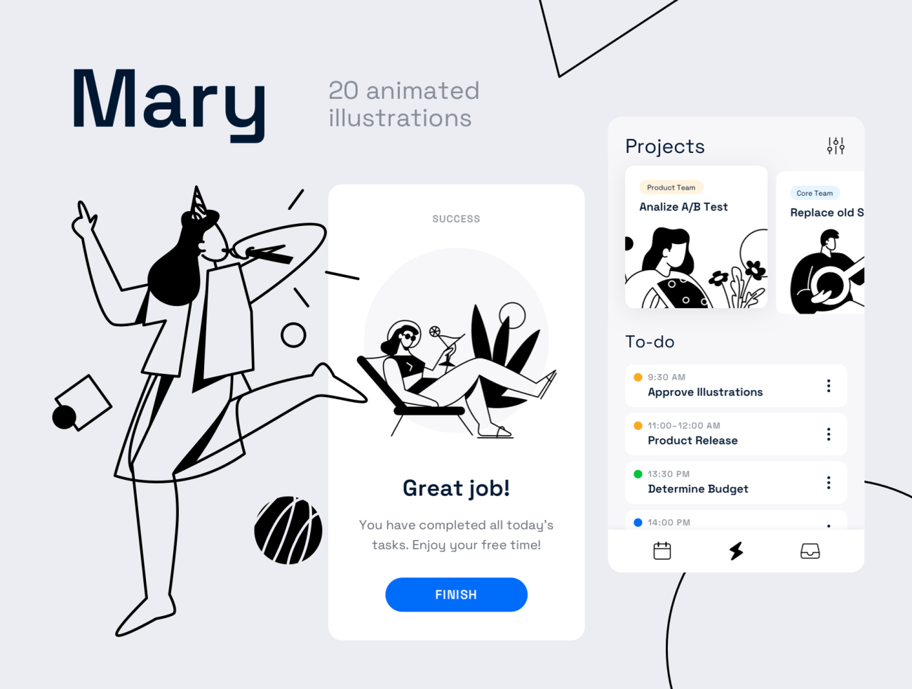 Mary Animated Illustrations 20张简约的动画插图讲述生活工作和创业-人物插画、场景插画、学习生活、插画、社交购物、线条手绘、职场办公、趣味漫画-到位啦UI