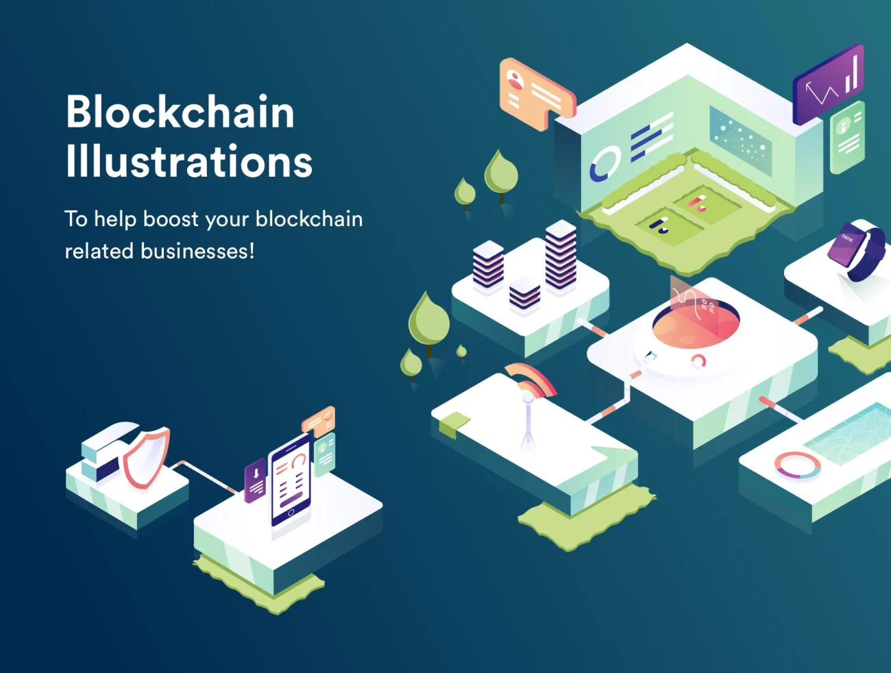 Blockchain Illustrations 区块链插图-UI/UX、商业金融、场景插画、插画、科技智能、虚拟货币-到位啦UI